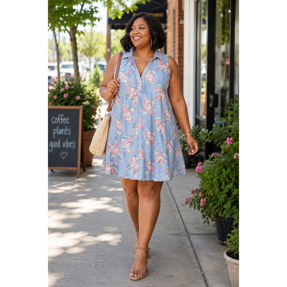 Chelsea & Theodore Womans 2X Dress Floral Chambray Sleeveless Relaxed V Neck